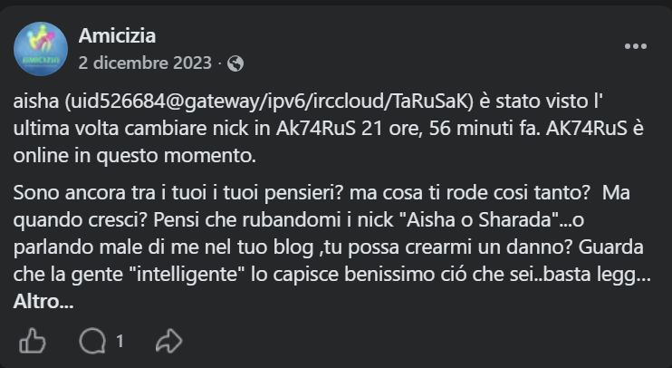 Screenshot del post di Aisha